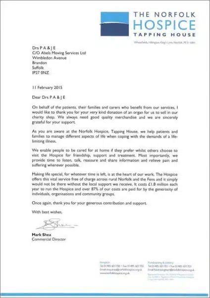 Thank You Letter from The Norfolk Hospice