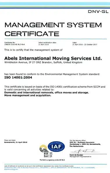 Abels Moving Services have now received their certificate for holding ISO14001:2004.
