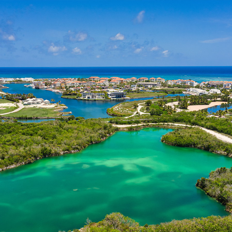 A landscape of a resort area in Cap Cana surrounded by the sea in the Dominican Republic