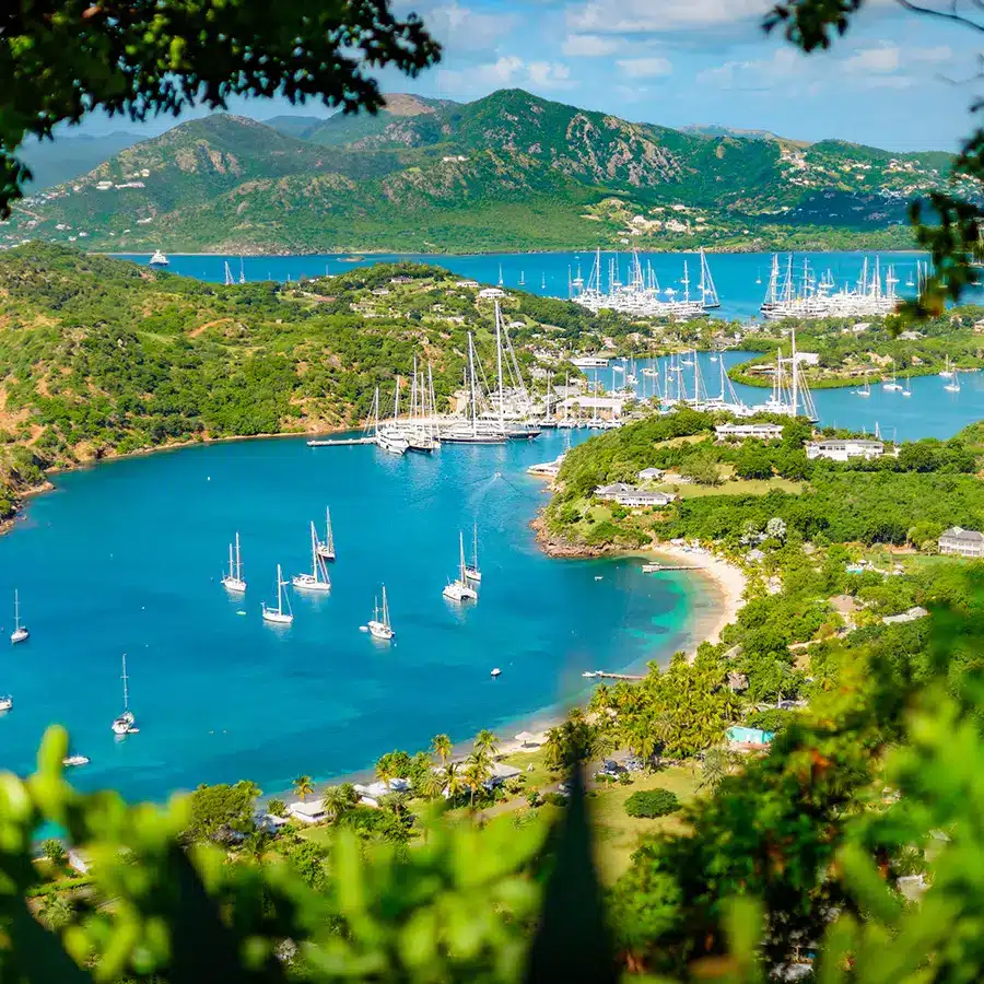 English-harbour-and-Nelsons-Dockyard-in-Antigua-and-Barbuda-paradise-island-of-antigua-in-the-caribbean-at-the-viewpoint-of-Shirley-Heights-and-Freemans-bay