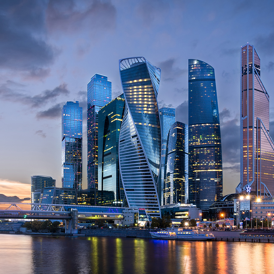 Skyscrapers of the Moscow International Business Center at sunset