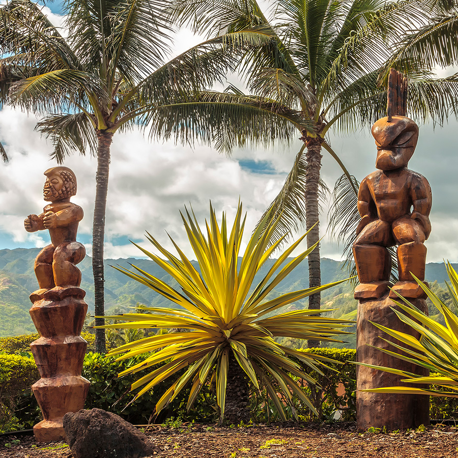 Wooden Polynesian tiki carvings on Oahu, Hawaii