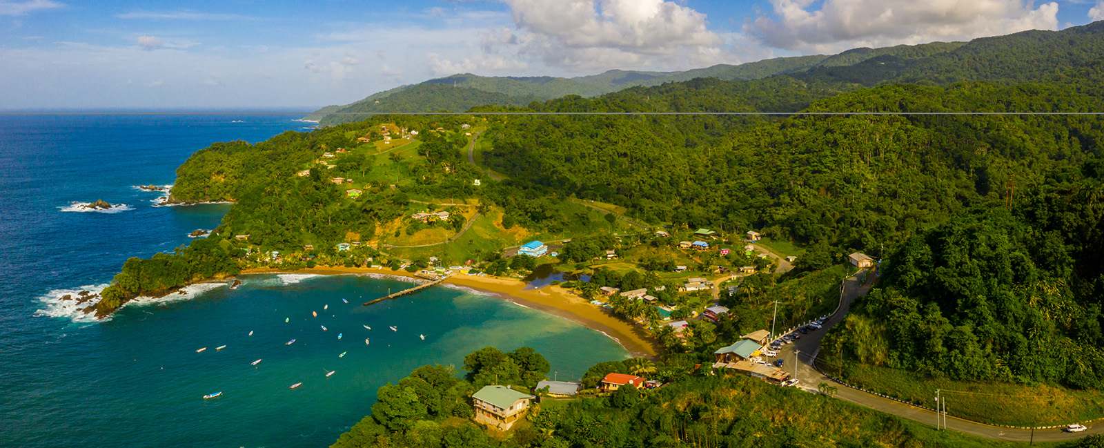 A panoramic aerial view of the Tobago island from above