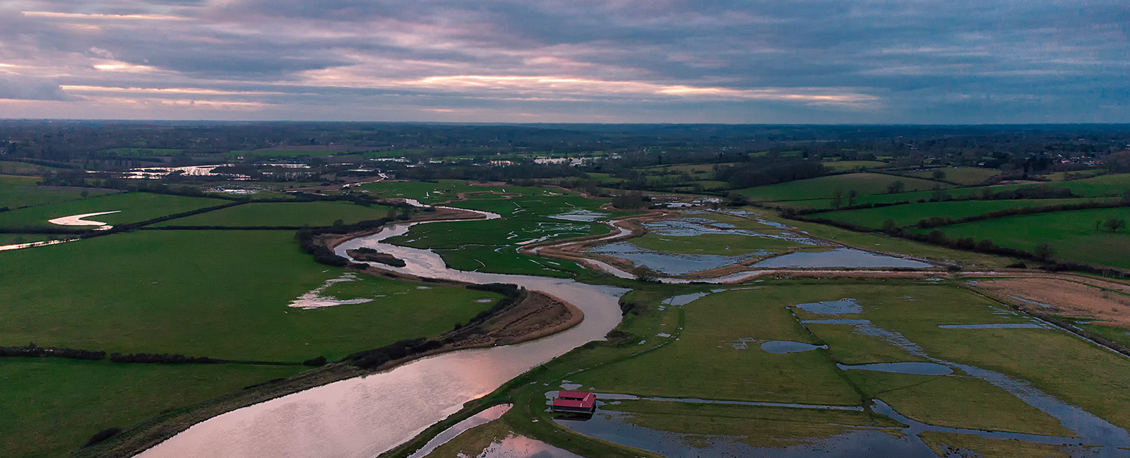 The flooded River Stour on the Essex-Suffolk border taken from a drone in the UK