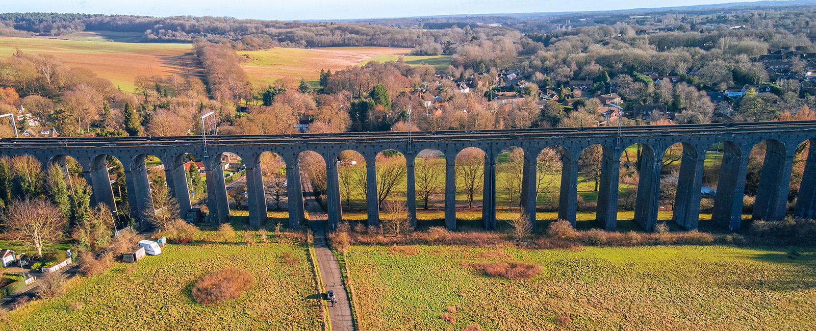 An aerial view of Digswell Viaduct bridge on a sunny autumn day in Welwyn