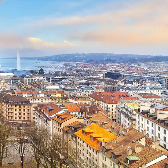 Geneva with Lake Geneva cityscape of Switzerland at sunset