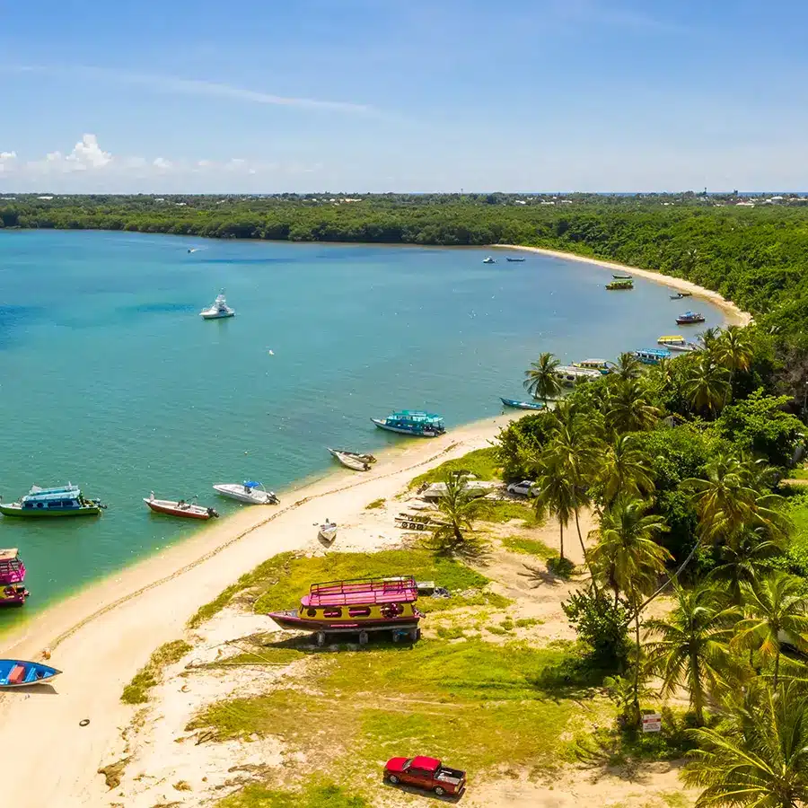Aerial view of the Pigeon Point Tobago Trinidad and Tobago Caribbean sea West Indies golden beach in Trinidad and Tobago