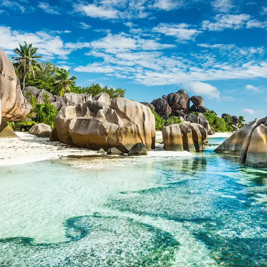Anse Sous dArgent beach with granite boulders and turquoise sea