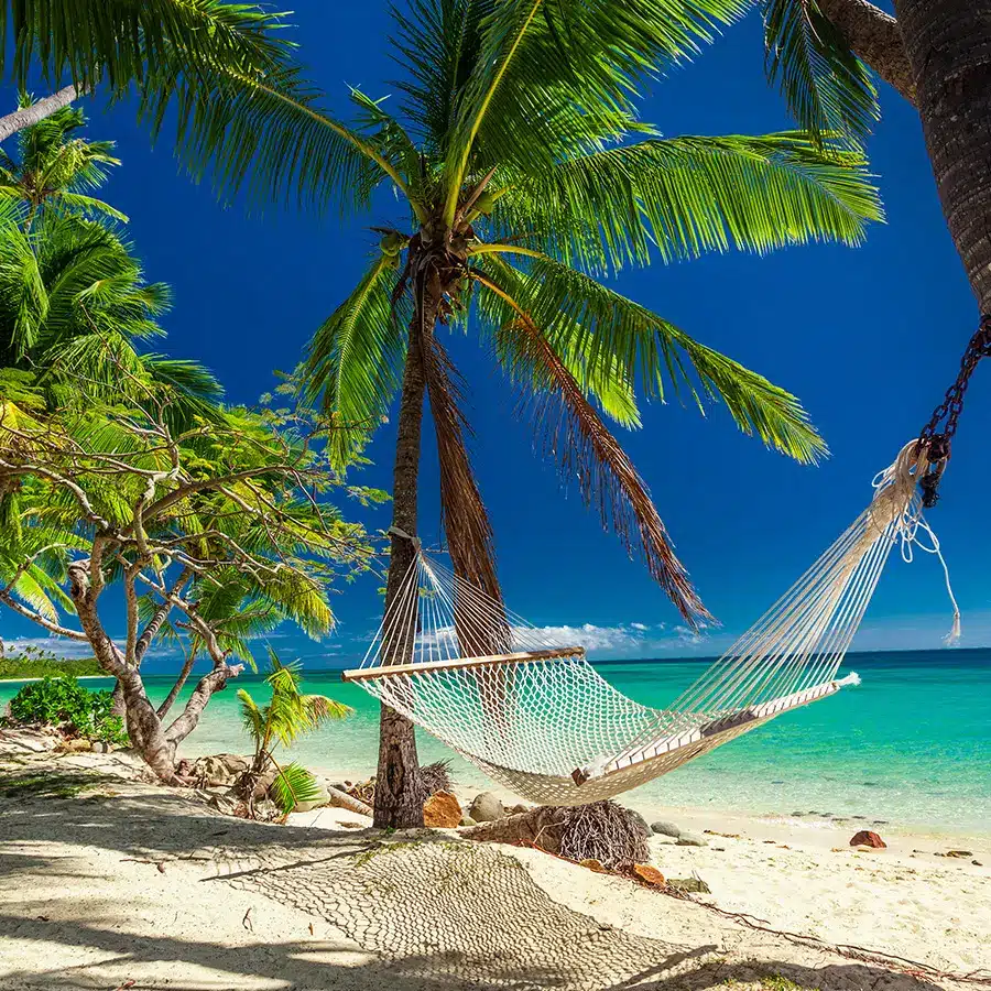 Empty hammock in the shade of palm trees on tropical Fiji Islands