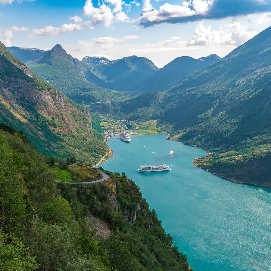 bird-eye shot of the view of the geirangerfjord norway
